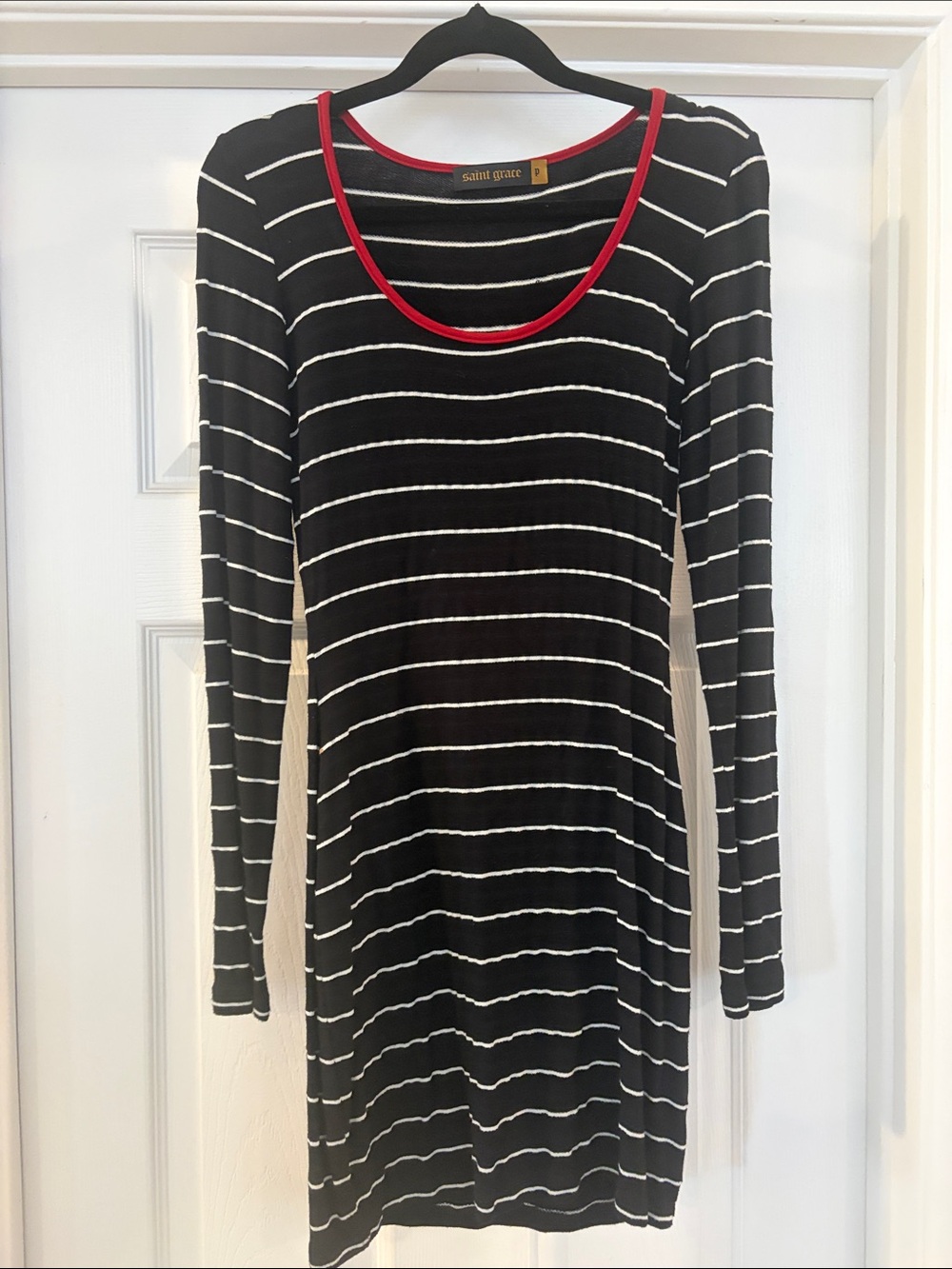 Saint Grace Black and White Striped Long-Sleeve Dress with Red Trim